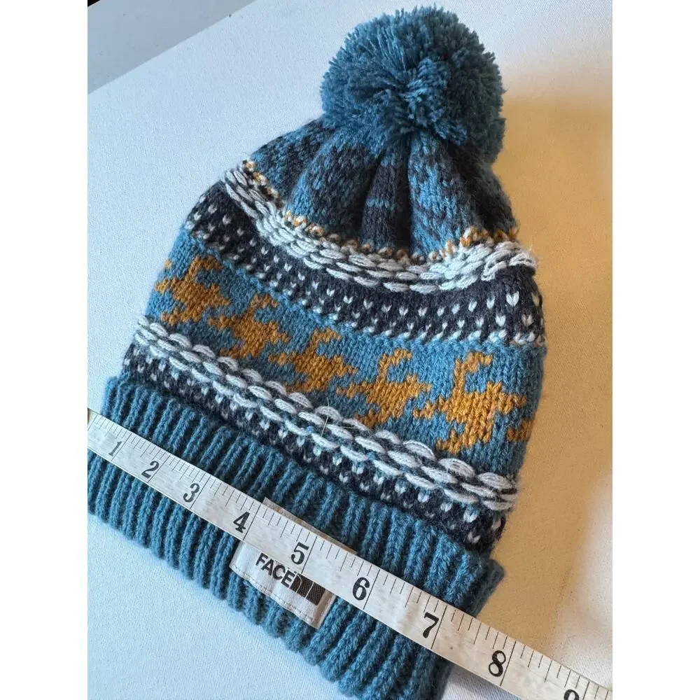 The North Face Fair Isle Pom Pom Beanie Teal Mustard Black Winter Knit Hat